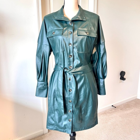 NEW YORK & COMPANY Green Faux Leather Button Down Shirt Dress—SZ. XS - Picture 1 of 17